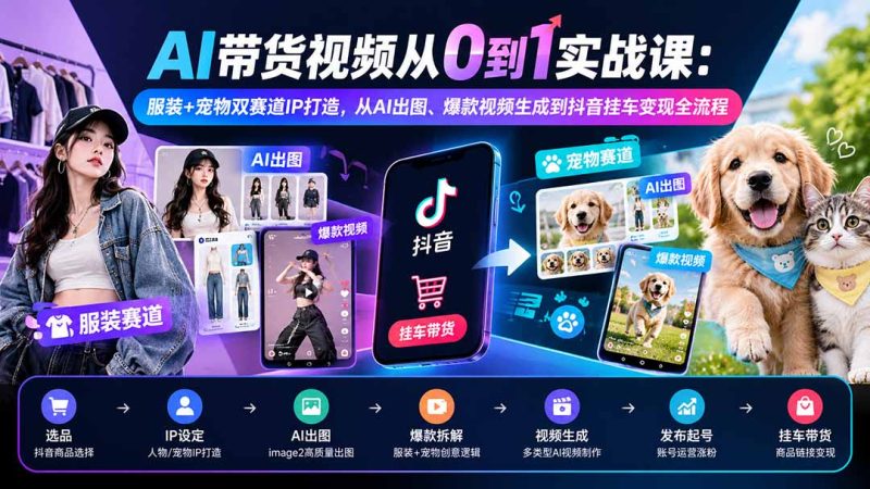 AI带货视频从0到1实战课:服装+宠物双赛道IP打造,从AI出图、爆款视频生成到抖音挂车变现全流程-紫橙项目网