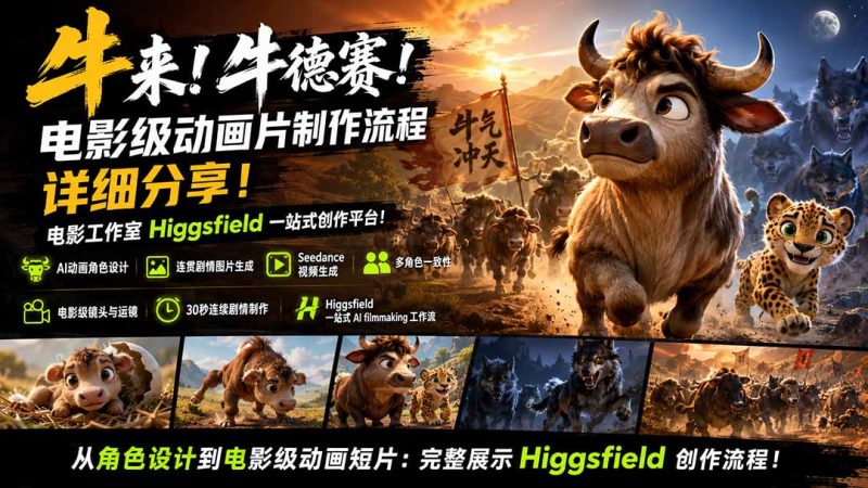牛来!牛德赛!电影级动画片制作流程详细分享!电影工作室Higgsfield一站式创作平台!-紫橙项目网