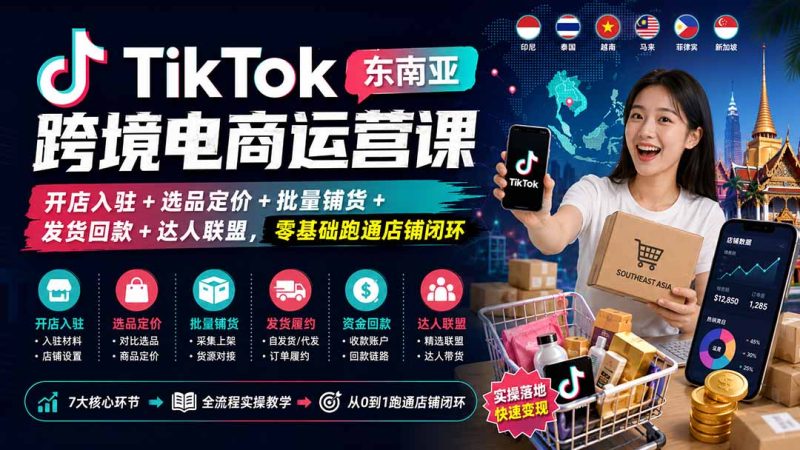 TikTok东南亚跨境电商运营课:开店入驻+选品定价+批量铺货+发货回款+达人联盟,零基础跑通店铺闭环-紫橙项目网
