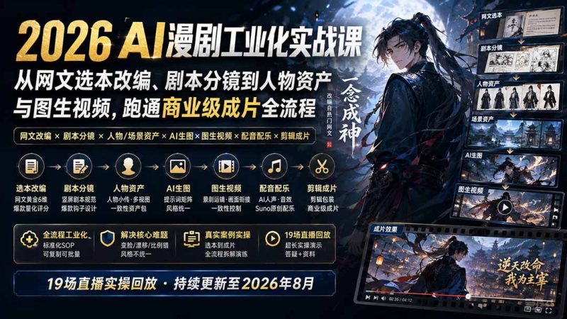 2026 AI漫剧工业化实战课-更新:从网文选本改编、剧本分镜到人物资产与图生视频,跑通商业级成片全流程-紫橙项目网