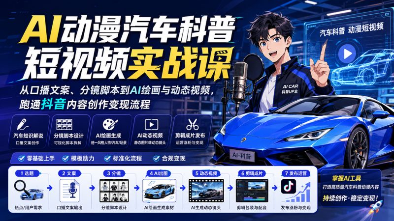 AI动漫汽车科普短视频实战课:从口播文案、分镜脚本到AI绘画与动态视频,跑通抖音内容创作变现流程-紫橙项目网