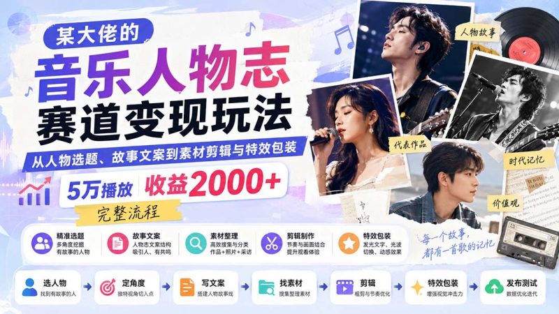 某大佬的音乐人物志赛道变现玩法：从人物选题、故事文案到素材剪辑与特效包装，5万播放收益2000+完整流程-紫橙项目网