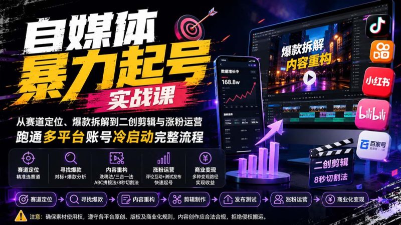 自媒体暴力起号实战课:从赛道定位、爆款拆解到二创剪辑与涨粉运营,跑通多平台账号冷启动完整流程-紫橙项目网