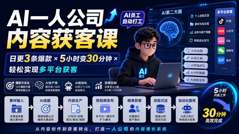 AI一人公司内容获客课-更新8月:日更3条爆款×5小时变30分钟×AI员工自动打工,轻松实现多平台获客 - 中创网