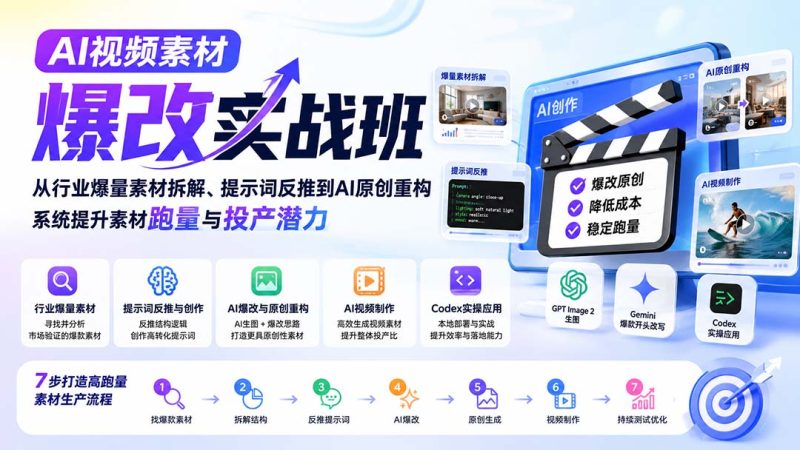 AI视频素材爆改实战班-更新8月:从行业爆量素材拆解、提示词反推到AI原创重构,系统提升素材跑量与投产潜力-紫橙项目网