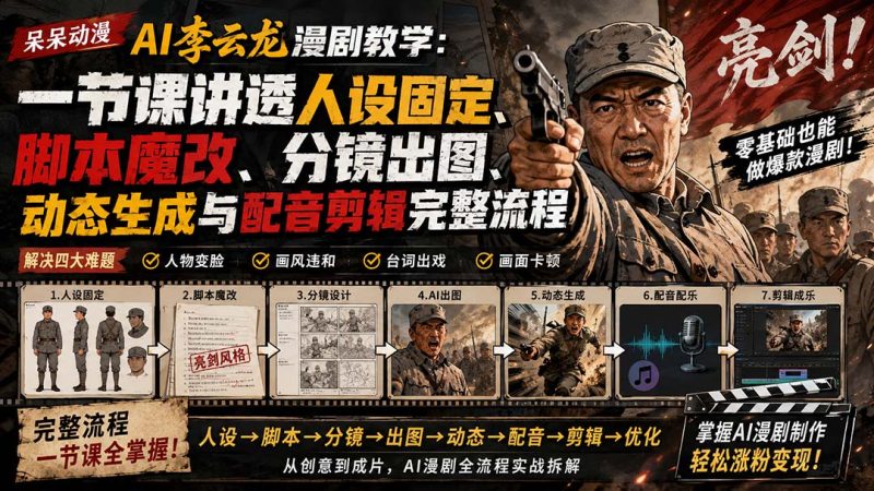 呆呆动漫AI李云龙漫剧教学:一节课讲透人设固定、脚本魔改、分镜出图、动态生成与配音剪辑完整流程-紫橙项目网