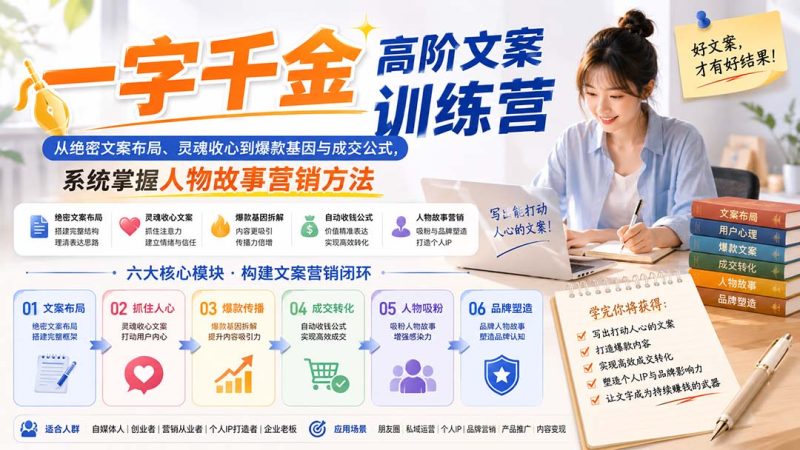 一字千金高阶文案训练营:从绝密文案布局、灵魂收心到爆款基因与成交公式,系统掌握人物故事营销方法-紫橙项目网