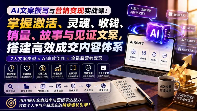 AI文案撰写与营销变现实战课:掌握激活、灵魂、收钱、销量、故事与见证文案,搭建高效成交内容体系-紫橙项目网