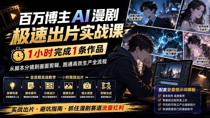 百万博主AI漫剧极速出片实战课:1小时产出条作品,从脚本分镜到画面剪辑,跑通高效生产全流程-紫橙项目网