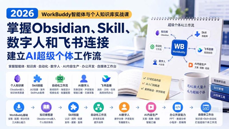 2026 WorkBuddy智能体与个人知识库实战课:掌握Obsidian、Skill、数字人和飞书连接,建立AI超级个体工作流-紫橙项目网
