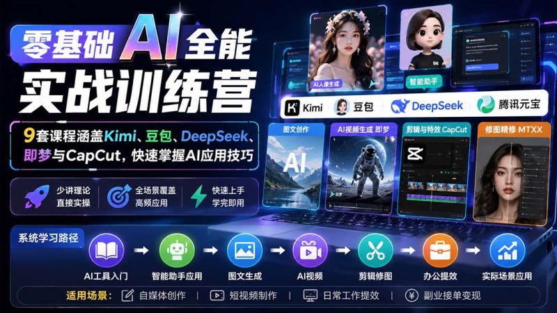 零基础AI全能实战训练营:9套课程涵盖Kimi、豆包、DeepSeek、即梦与CapCut,快速掌握AI应用技巧-紫橙项目网