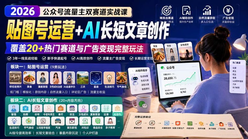 公众号流量主双赛道实战课:贴图号运营+AI长短文章创作,覆盖20+热门赛道与广告变现完整玩法-紫橙项目网