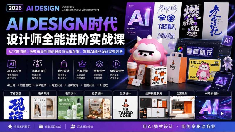 2026AI DESIGN时代设计师全能进阶实战课:从字体创意、版式布局到电商包装与品牌全案,掌握AI商业设计完整方法-紫橙项目网