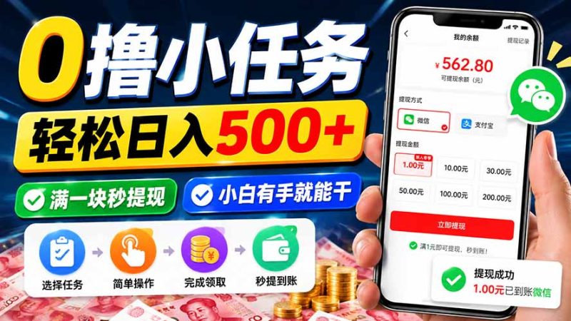 0撸小任务,轻松日入500+,满一块秒提现,小白有手就能干-紫橙项目网