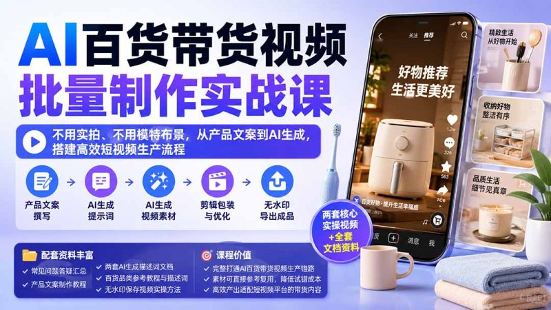 AI百货带货视频批量制作实战课:不用实拍、不用模特布景,从产品文案到AI生成,搭建高效短视频生产流程-紫橙项目网