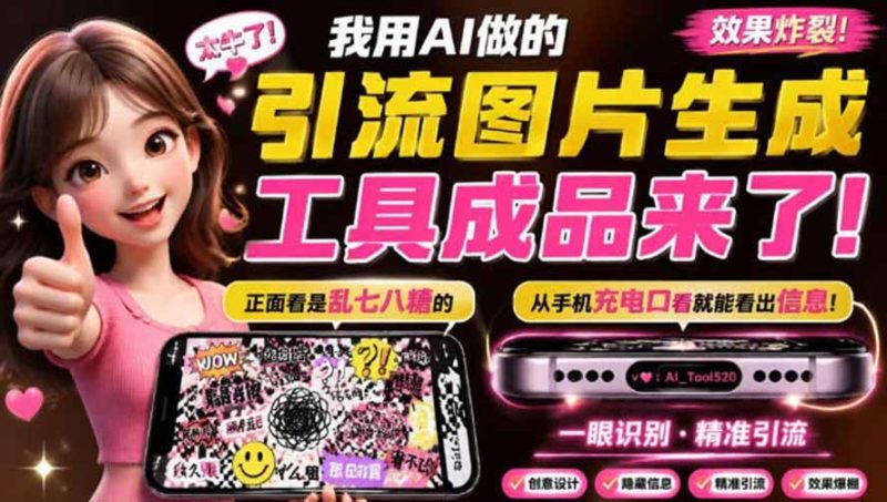 自媒体引流工具来了,把你的微信藏到图片中,正面看是乱七八糟的乱码,手机平躺从充电口看就能看出实际内容-紫橙项目网