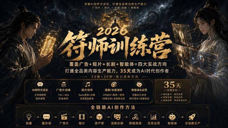 符师训练营-35天成为AI时代创作者,广告+短片+漫剧+智能体四大实战方向,掌握从创意到上线的完整工作流-紫橙项目网