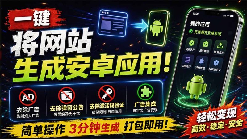 目前最好用,一键将网站生成安卓应用!支持去除广告、弹窗公告、激活码验证、广告集成等 web-to-app-紫橙项目网