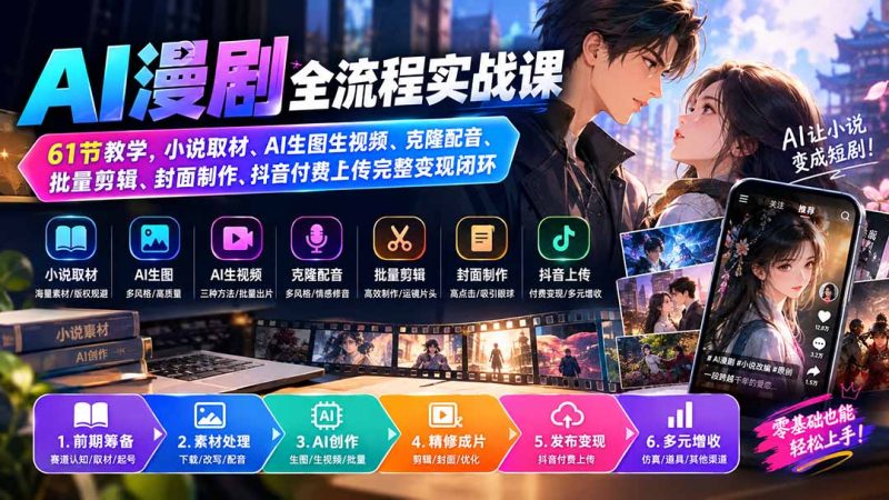 AI漫剧全流程实战课|61节教学,小说取材、AI生图生视频、克隆配音、批量剪辑、封面制作、抖音付费上传完整变现闭环-紫橙项目网