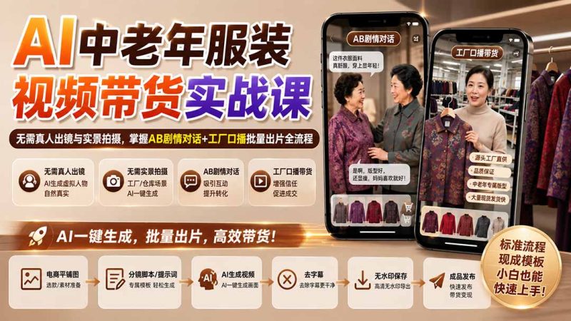 AI中老年服装视频带货实战课:无需真人出镜与实景拍摄,掌握AB剧情对话+工厂口播批量出片全流程-紫橙项目网