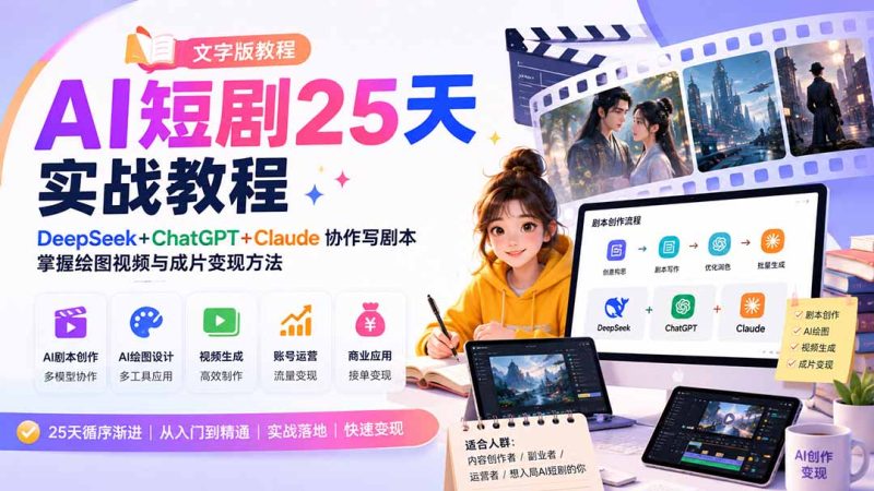 AI短剧25天实战教程(文字版教程):DeepSeek+ChatGPT+Claude协作写剧本,掌握绘图视频与成片变现方法-紫橙项目网