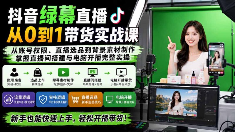 抖音绿幕直播从0到1带货实战课：从账号权限、直播选品到背景素材制作，掌握直播间搭建与电脑开播完整实操 - 中创网