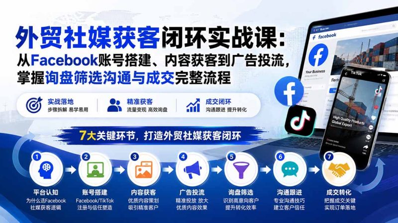 外贸社媒获客闭环实战课：从Facebook账号搭建、内容获客到广告投流，掌握询盘筛选沟通与成交完整流程-紫橙项目网