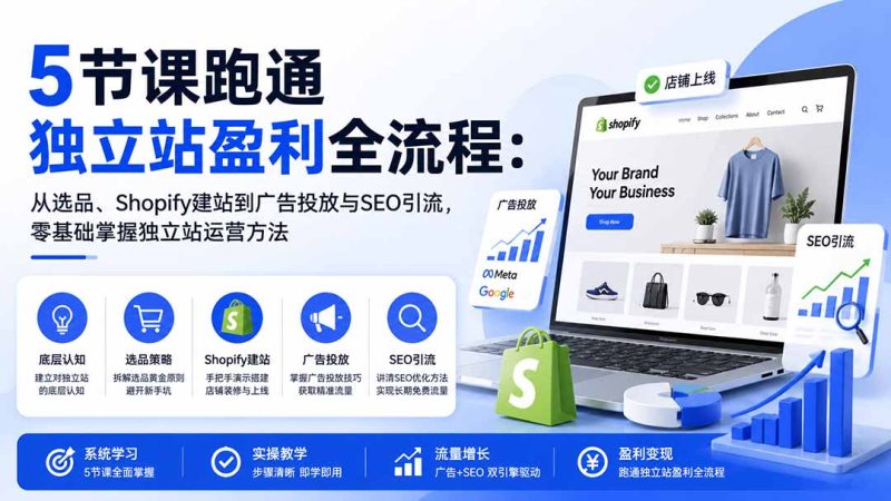 5节课跑通独立站盈利全流程:从选品、Shopify建站到广告投放与SEO引流,零基础掌握独立站运营方法-紫橙项目网