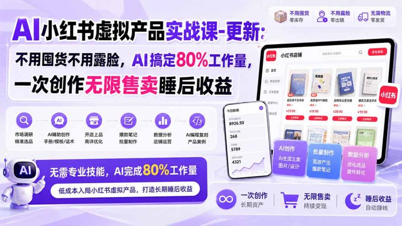 AI小红书虚拟产品实战课-更新:不用囤货不用露脸,AI搞定80%工作量,一次创作无限售卖睡后收益-紫橙项目网