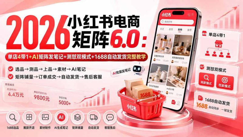 2026小红书电商矩阵6.0:单店4带1+AI矩阵发笔记+测怼双模式+1688自动发货完整教学-紫橙项目网