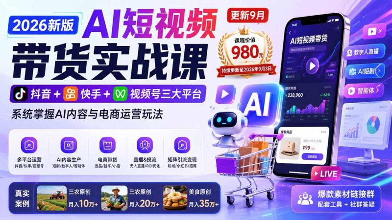 2026新版AI短视频带货实战课-更新9月:抖音+快手+视频号三大平台,系统掌握AI内容与电商运营玩法 - 中创网