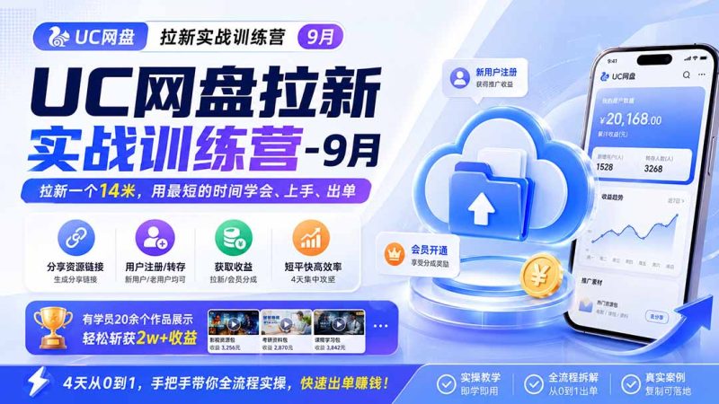 UC网盘拉新实战训练营-9月,拉新一个14米,用最短的时间学会、上手、出单,有学员20余个作品,轻松斩获2w+收益-紫橙项目网