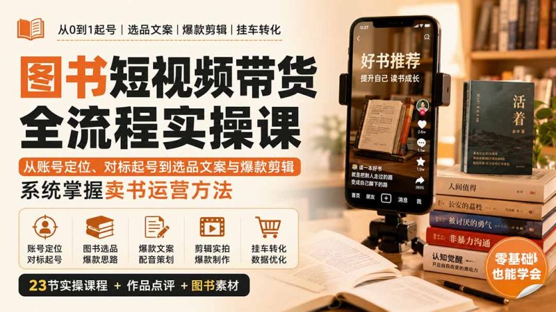 图书短视频带货全流程实操课:从账号定位、对标起号到选品文案与爆款剪辑,系统掌握卖书运营方法-紫橙项目网