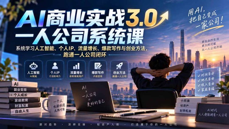 AI商业实战3.0一人公司系统课:系统学习人工智能、个人IP、流量增长、爆款写作与创业方法,跑通一人公司闭环-紫橙项目网