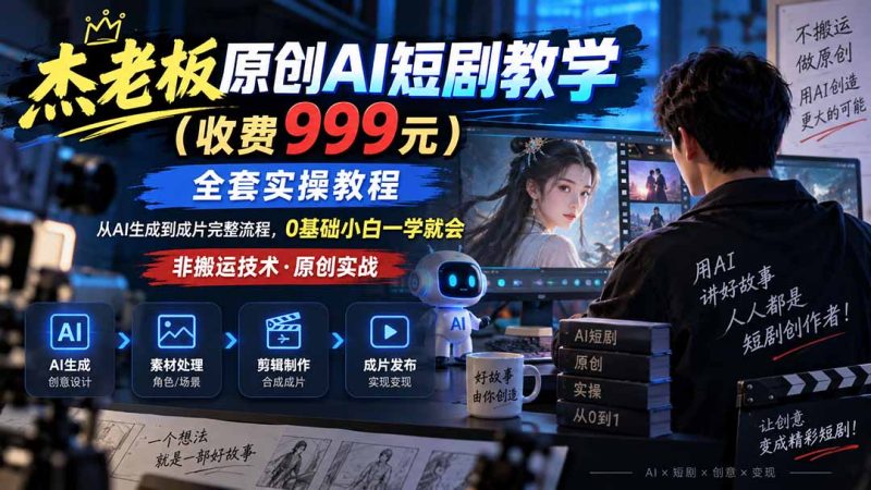 杰老板原创AI短剧教学(收费999元),全套实操教程,0基础小白一学就会,非搬运技术-紫橙项目网