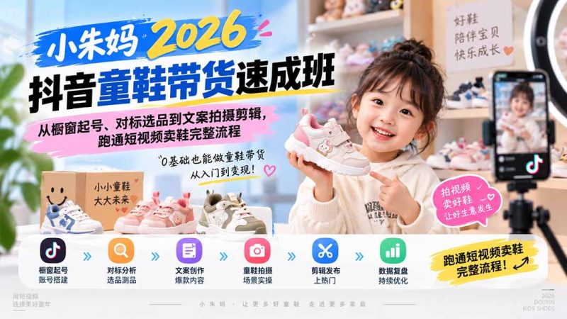 小朱妈2026抖音童鞋带货速成班:从橱窗起号、对标选品到文案拍摄剪辑,跑通短视频卖鞋完整流程-紫橙项目网