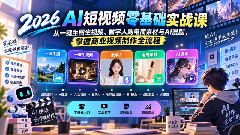 2026AI短视频零基础实战课:从一键生图生视频、数字人到电商素材与AI漫剧,掌握商业视频制作全流程-紫橙项目网