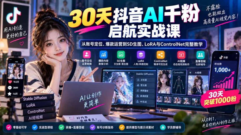 30天抖音AI千粉启航实战课：从账号定位、爆款运营到SD生图、LoRA与ControlNet完整教学-紫橙项目网