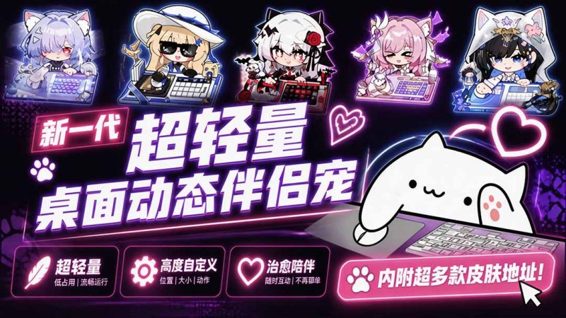 开源免费用!新一代超轻量桌面动态伴侣宠,体验更美观,更丝滑,内附超多款皮肤地址,BongoCat-紫橙项目网