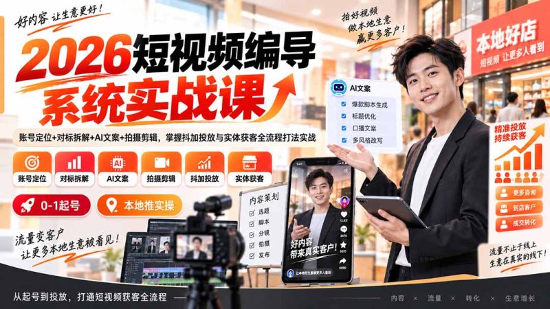 2026短视频编导系统实战课:账号定位+对标拆解+AI文案+拍摄剪辑,掌握抖加投放与实体获客全流程打法实战-紫橙项目网