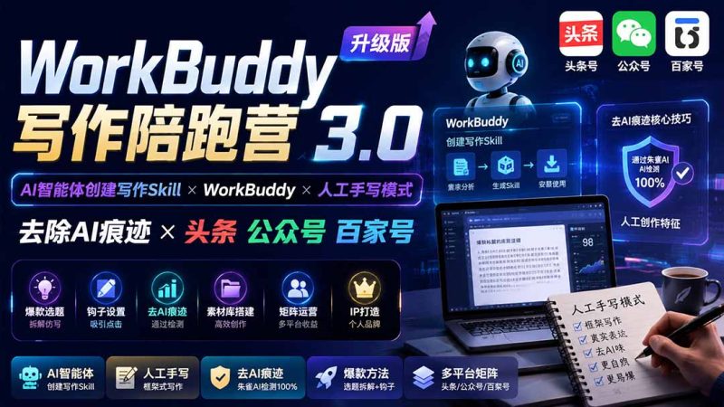 WorkBuddy写作陪跑营3.0-更新:Ai智能体创建写作Skill×WorkBuddy×人工手写模式×去除AI痕迹×头条公众号百家号-紫橙项目网