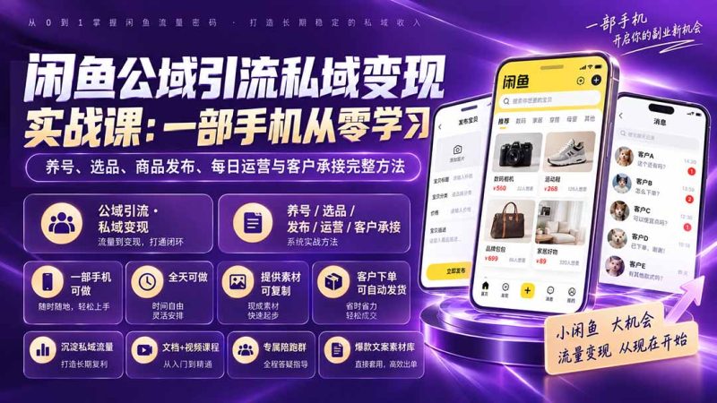 闲鱼公域引流私域变现实战课：一部手机从零学习养号、选品、商品发布、每日运营与客户承接完整方法-紫橙项目网