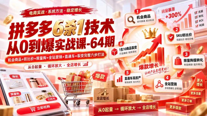 拼多多6杀1技术从0到爆实战课-64期:机会商品+防比价+限量购+全站营销+直通车+裂变完整六步打法-紫橙项目网