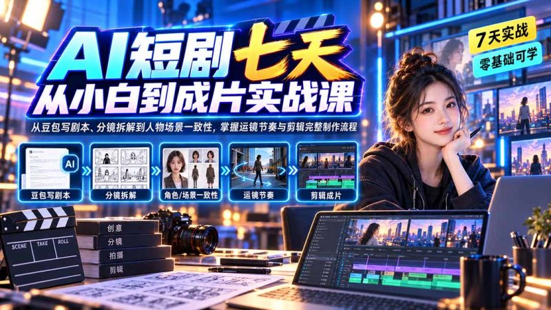 AI短剧七天从小白到成片实战课:从豆包写剧本、分镜拆解到人物场景一致性,掌握运镜节奏与剪辑完整制作流程-紫橙项目网