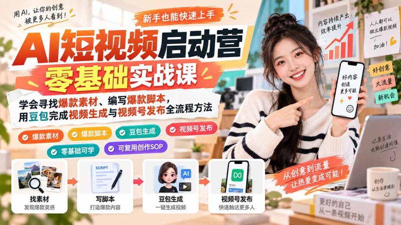 AI短视频启动营零基础实战课:学会寻找爆款素材、编写爆款脚本,用豆包完成视频生成与视频号发布全流程方法-紫橙项目网
