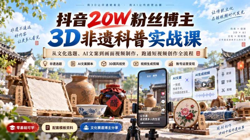 抖音20W粉丝博主3D非遗科普实战课:从文化选题、AI文案到画面视频制作,跑通短视频创作全流程-紫橙项目网