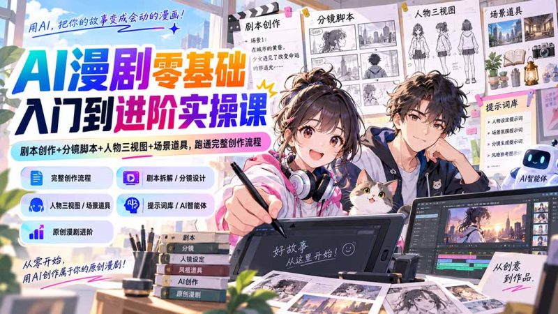AI漫剧零基础入门到进阶实操课:剧本创作+分镜脚本+人物三视图+场景道具,跑通完整创作流程-紫橙项目网