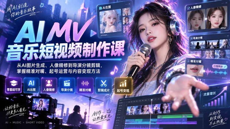 AI MV音乐短视频制作课：从AI图片生成、人像精修到导演分镜剪辑，掌握精准对嘴、起号运营与内容变现方法-紫橙项目网