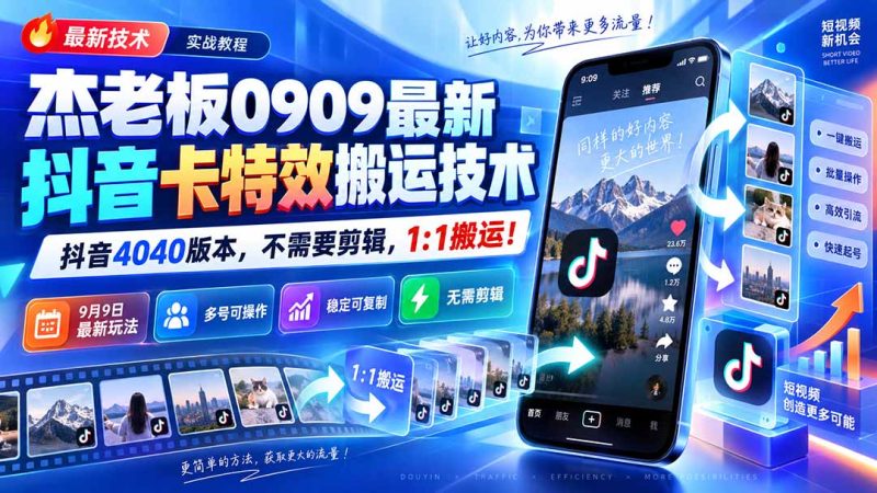 杰老板0909最新抖音卡特效搬运技术,抖音4040版本,不需要剪辑,1:1搬运!-紫橙项目网