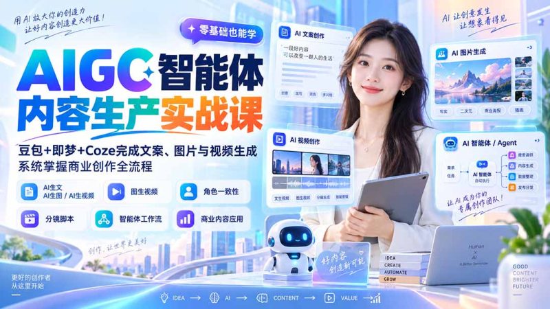AIGC智能体内容生产实战课:豆包+即梦+Coze完成文案、图片与视频生成,系统掌握商业创作全流程-紫橙项目网